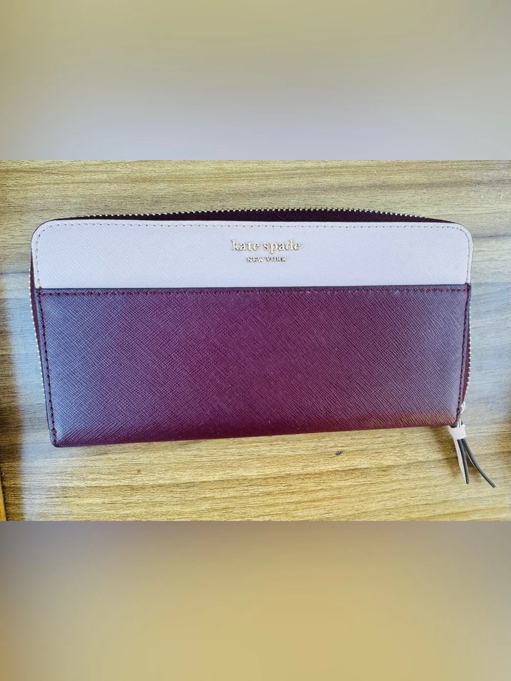 Kate Spade Two-Tone Burgundy & Pink Zip Around Continental Leather Wallet